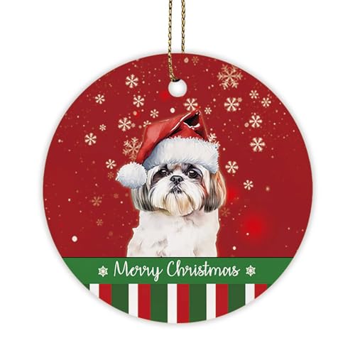 GABSHAIM Shih Tzu Hund Merry Christmas Ornament Schneeflocke grün rot gestreift Keramik Ornament Weihnachtsbaum Xmas Home Decor für Hundeliebhaber 7,1 cm