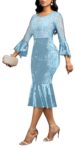 Image of Midi Lace Dress for Women Bodycon Dress Church Cocktail Party Clothes | Square Neck,Lace Bell Sleeve,Velvet Look,Mermaid Hem,Midi Dresses,Cocktail Party,Wedding Guest Party,Formal Event Outftis