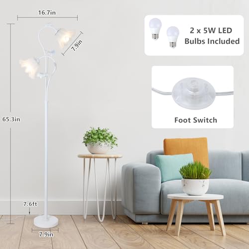 Image of HMVPL White Flower Standing Lamp, Floral Tall Lamp with 2 LED 5W Blubs, Foot Switch, Modern Corner Floor Lamp with Acrylic Shade, Antique Lotus Flower Floor Lamp for Living Room Office Reading