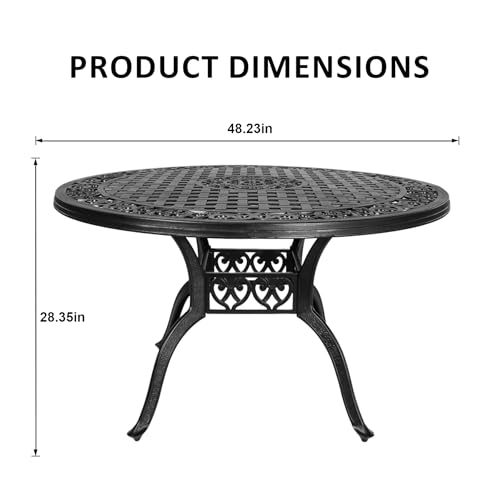 Image of 48 Inch Outdoor Dining Table Round Patio Bistro Table Powder-Coated Cast Aluminum Frame Patio Dining Table Garden Table with Umbrella Hole (Black)