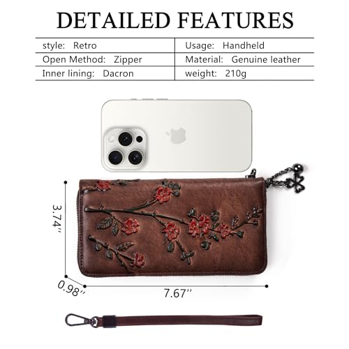 Image of Wallet Genuine Leather for Women - with RFID Blocking Card checkbook ID Slot Large Capacity Vintage style (flower coffee)