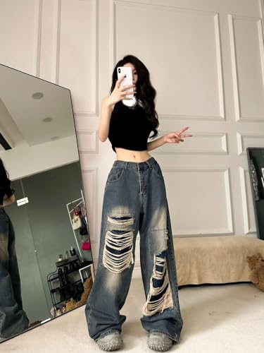 Women's Gothic Ripped Jeans High Waist Hip-Hop Vintage Y2k Denim Pants Oversize Harajuku Beggy Wide Leg Jeans4