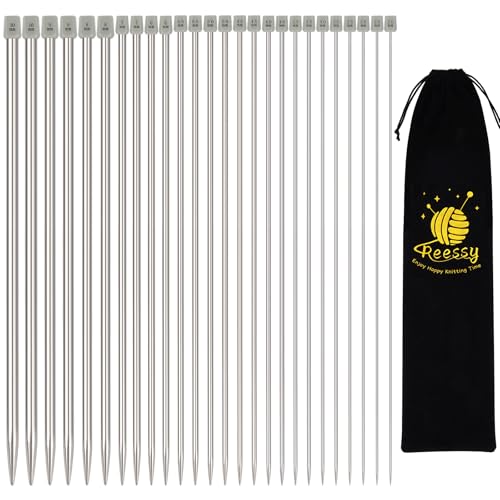 Reessy Lot de 26 pièces/13 paires d'aiguilles à tricoter, aiguilles métal à pointe unique 2 mm-10 mm, aiguilles à tricoter droites de 35 cm de long avec...