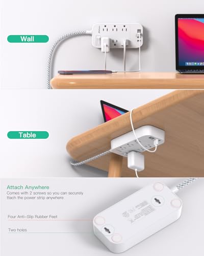 Power Bar Extension Cord 10 FT - Flat Plug, 6 Outlets 4 USB Ports Outlet Extender with Overload Protection, Wall Mount, Desktop Charging Station for Home, Office and Dorm Essential image 6