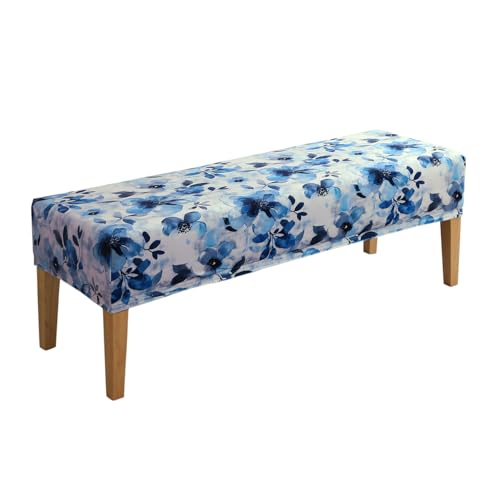 Image of HOKIPO Premium Printed Velvet Elastic Dining Bench Cover, Blue Azure Botanical (AR-5798-D8)