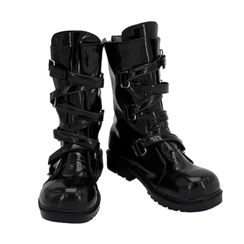 Plattson Black Patent Mid-Calf Cosplay Boots with Multi-Strap Details Anime Role Play Footwear for Comic Con & Halloween (Female, 12)