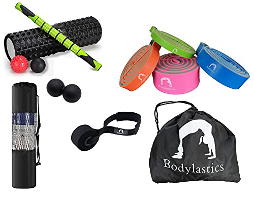 Image of Bodylastics Complete Deep Tissue Body Massaging Kit Includes Foam Roller, Stick and Balls with Bag (Foam Roller Kit + Pullup Bands Set)