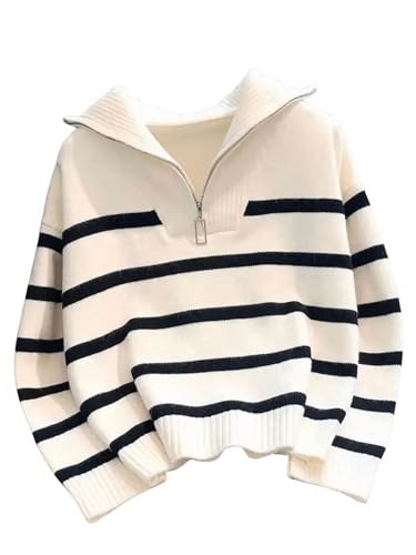 RoseSeek Women's Striped Quarter Zip Pullover Top Long Sleeve Knit