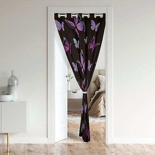 Loussiesd Butterfly Door Curtain for Doorway Privacy Butterflies Print Room Divider Curtain Cover for Kids Girly Window Treatments Luxury Purple Black Closet Door Cover Curtain for Bedroom 106x203cm - Image 2