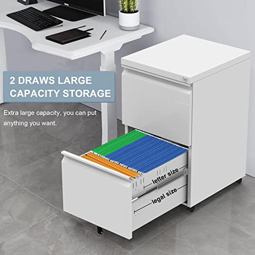 Homeer 2 Drawer Mobile File Cabinet With Lock And Wheel,Anti-Tilt Design Metal Vertical Filing Cabinet,Rolling Desk Filing Cabinet Fits Letter/Legal Size For Home Office (White) #TOP4