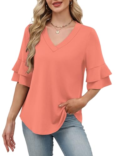 Image of OFEEFAN Spring Tops for Women Boho Shirts Fashion Clothing Cute 3 /4 Length Sleeve Blouses Dressy Casual Summer Outfits