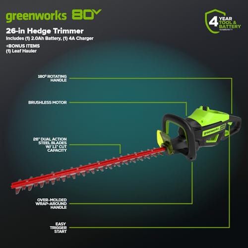 Image of Greenworks 82V 26 in Cordless Hedge Trimmer, 2.0 Ah Battery and Charger