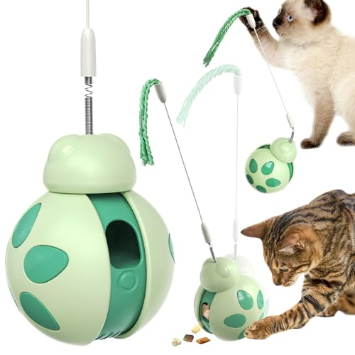 TANNRAN Interactive Cat Toys for Indoor Cats,Cat Treat Dispenser Toy, Rolling Wobble Design with Spring Teaser Wand, Interactive Food Puzzle for Cats (Green)