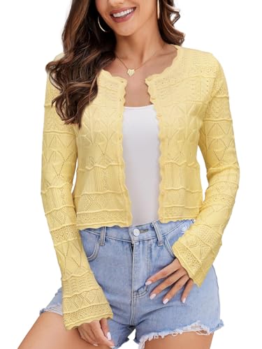 Image of FAIRY SEASON Women's Cropped Cardigan Sweater, Openwork Hollow Knit Shrug | Bell Sleeve, Versatile Outerwear to Match Dresses for Daily Outings, Dinner Dates and Casual Evening Occasions