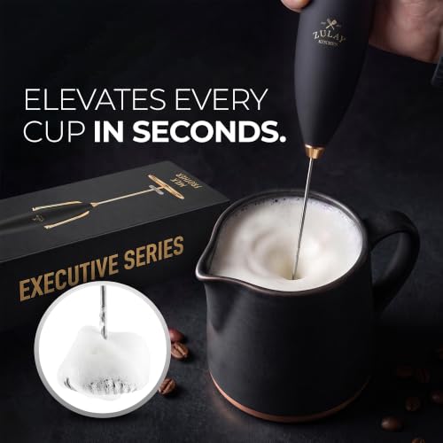 Image of Zulay Kitchen Powerful Milk Frother Wand With Duracell Batteries - Ultra Fast Handheld Drink Mixer - Electric Whisk Foam Maker for Coffee, Lattes, Cappuccino & Matcha - Z1 Motor - Exec Black Gold