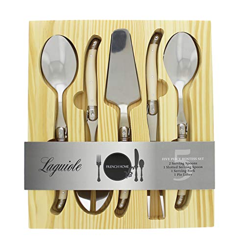 Laguiole Hostess Serving Utensils Sets (Faux Ivory) — 2 Serving Spoons 1 Slotted Spoon 1 Serving Fork & 1 Pie Server — Stainless Steel Flatware Set — Silverware Set Dishwasher Safe #TOP1