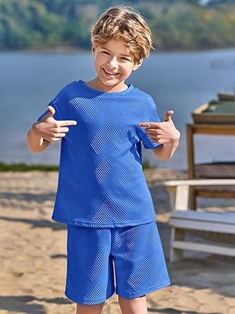 Haloumoning Ensemble de vêtements d'été pour garçon - Couleur unie - T-shirt à manches courtes avec short élastique - Ensemble de vêtements décontractés avec structure