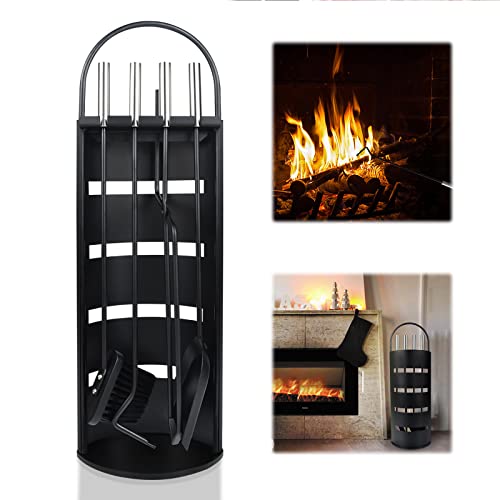 LZQ Ensemble de 5 ustensiles de cheminée modernes en acier inoxydable, accessoires de cheminée avec tisonnier, pelle à cendres, pince à cheminée, balai et support