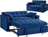 SPOWAY 3 in 1 Sleeper Sofa Couch Bed, Velvet Convertible Sofa Bed with Armrests, Storage Pockets & 2 Pillows, Modern Sofa Bed Couch for Living Room Apartment Bedroom Office, Navy
