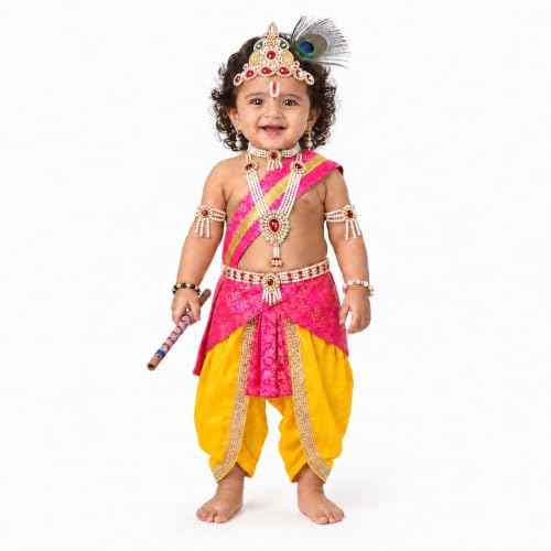 Image of Raj Fancy Dresses Luxury Krishna Pagri for Kids Boys & Girls | Bal Gopal Kanha Janmashtami Turban with 3 Mor Pankh & Pearl Work | Fancy Dress, School Function & Photoshoot Headgear | Only Pagri