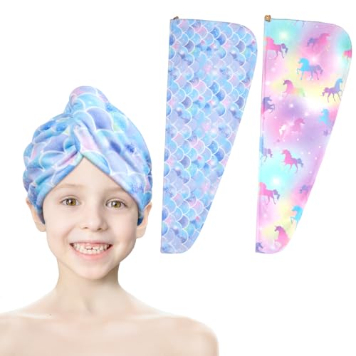 URAQT Toallas para Secar El Pelo, Toalla Microfibra Pelo para Mujeres y Niñas, Cabello Turbante de Secado rápido Coral Fleece para Cabello Largo, Rizado y Grueso(Escamas Pez Azul + Pegaso Amarillo)