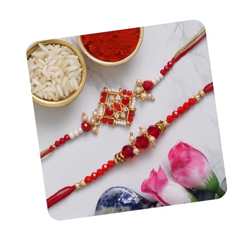 Image of eCraftIndia Set of 2 Peach, Green & Golden Pearls, Designer Rakhis | Roli Chawal Pack