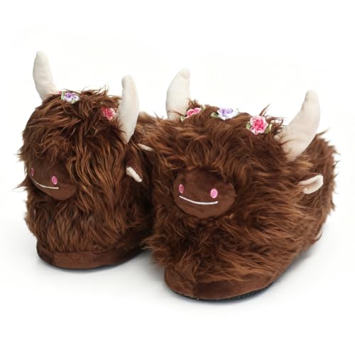 Highland Cow Slippers Cute Scottish Highland Cattle Plush Slippers with Flowers Soft Warm Indoor Home Slippers (Brown Adult Women One Size Alpha US Footwear Size System Medium)