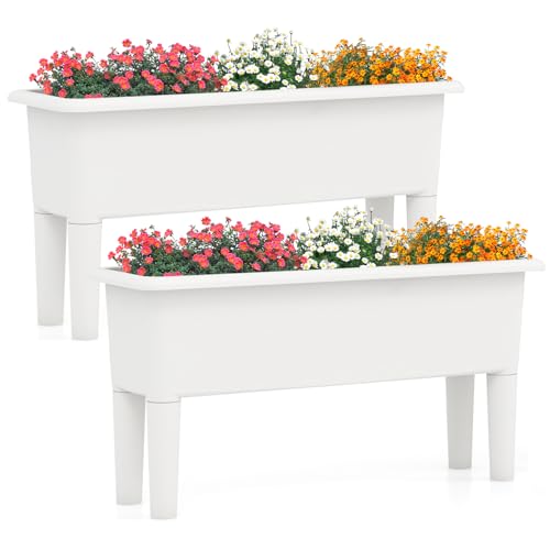 HOMASIS 2er Set Hochbeet, Gartenbeet aus Kunststoff, Pflanzbeet 29L, Blumenkasten mit abnehmbaren Beinen & Drainageloch, Pflanzkasten Gemüsebeet für Balkon Garten Terrasse, 80x30x40cm (Weiß)