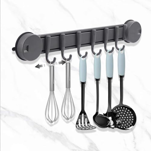 Vookkp Soporte Utensilios Cocina Sin Taladrar, Barra para Colgar Utensilios de Cocina con 6 Gancho Móvil, Colgador UtensiliosCocina, Aluminio Espacial Percheros de Pared Colgar Cucharas Espátulas
