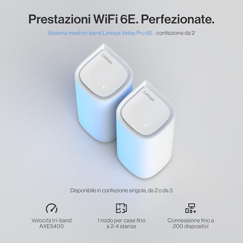 Linksys Velop Pro Sistema WiFi 6E mesh MX6202-KE, Router Cognitive Mesh, Accesso alla Banda 6 GHz e Velocità di 5.4 Gbps, Copre fino a 550 mq e 400 Dispositivi, Conf. da 2 - Immagine 1