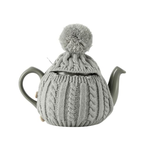 Image of One-Piece Cable Knit Teapot Cozy with Pom Pom Top, Acrylic Insulated Tea Pot Cover with 2 Button Fasteners & Lid Opening, British Style Hot Cold Insulator for 2 Cup 15-20oz Teapots,gray
