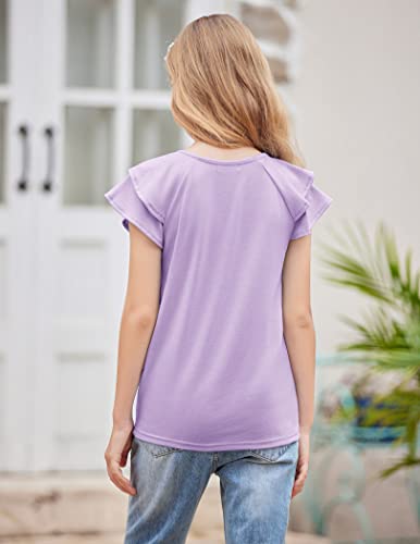 Image of Girls T Shirts Ruffle Short Sleeve Round Neck Loose Blouse Summer Solid Color Casual Girl Tee Tops for 3-12 Years