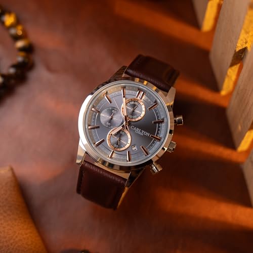 Image of Carlton London Windsor Men Analog Watch, Round Dial, Leather Strap, Quartz Movement, 43 mm Case, Slim Design, Lightweight Comfort, 30M Water Resistant, Casual Formal Wear