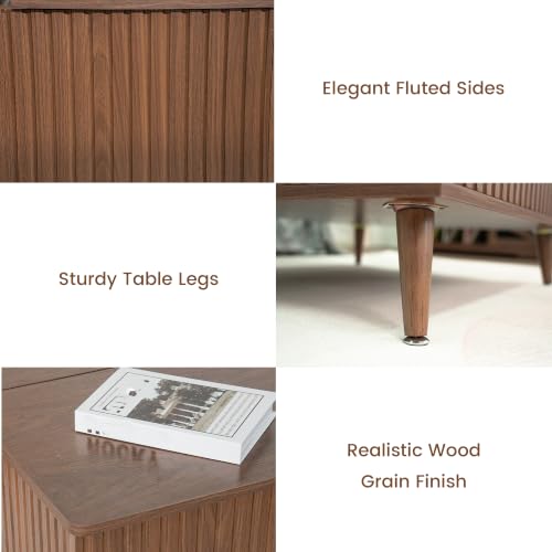 Image of Lift Top Coffee Table with Storage, Square Coffee Tables with Lifting Top and Hidden Compartment, Mid Century Modern Fluted Center Table for Living Room, Home Office, Studio, Walnut