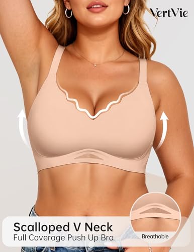 Image of Vertvie Jelly Bras for Women No Underwire Supportive | Seamless Wireless Bralette, Cool Breathable Mesh, Push Up Scalloped V-Neck, Full Coverage Tshirt Bra, Soft Comfortable