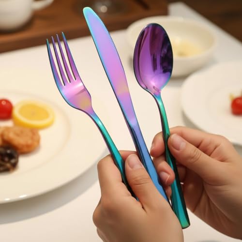 Image of Mirror Polished Rainbow 20 Pcs Stainless Steel Cutlery Set for Dining Table, Dishwasher Safe Glossy Flatware (5 Spoon Set + 5 Forks Set + 5 Butter Knife + 5 Dessert Spoon)