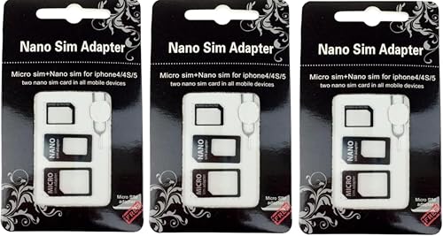FLLAGG20 | Adattatore SIM Card 3 in 1 | Nero, 3 Kit | Converte Nano, Micro e Standard SIM | Include graffetta estrai SIM | Universale per smartphone, pratico da utilizzare
