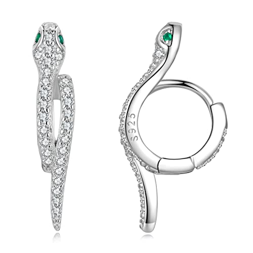 Fashion CZ Snake Hoop Earrings 925 Sterling Silver Sparkling Crystal Green Eyes Small Huggie Hoops Cartilage Earrings Statement Punk Ear Jewelry Gifts for Women Girls Hypoallergenic