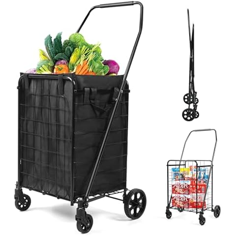 Realife Foldable Shopping Cart with Liner, Portable Utility Cart with Wheels for Grocery and Heavy Duty, 120lbs, Black Cover