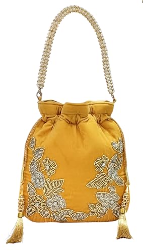 Image of Velvet Potli Bag with Golden & Silver Beaded Flower Embroidery - Handcrafted Ethnic Drawstring Bag for Weddings, Parties & Festive Gifts - Beaded Handle & Tassels for Women