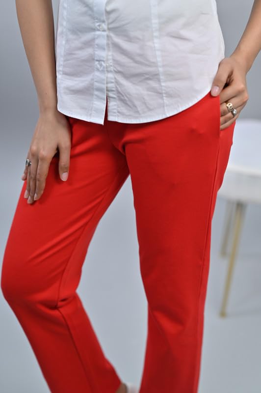 Image of Mlada Straight Fit Cigarette Pencil Pants Elastic Waist Band Mid High Waist Formal Office Trousers for Women, Pockets for Travel Stretch Cotton Knit Full Length Regular /Plus Size