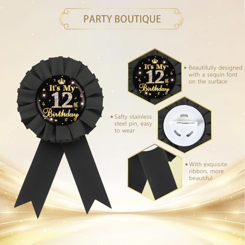 It's My 12th Birthday Tinplate Badge Pin, Gold Diamond Happy 12th Birthday Button Pin, Twelve Birthday Black Rosette Award Ribbon Pin for Girl, Brooch Buttons for 12 Years Old Birthday Party Decoration2