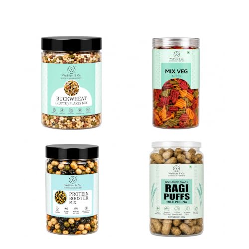 Image of WellNuts & Co. Healthy Snack Combo Pack of 4 |Buckwheat Flakes Mix - 200g, Mix Veg Chips - 150g, Protein Booster - 200g, Ragi Puffs Mild Pudina - 200g| Roasted & Ready to Eat Snacks | High Protein & High Fiber Combo | Snacks for Healthy Everyday