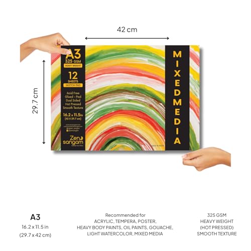 Image of Zen Sangam Artists' - Combo Pack of A3,A4,A5 Heavy Weight Mixed Media Glued Sketch Paper Pad - 325GSM - Hot Pressed - Smooth Texture Surface - For Heavy-body Paints, Calligraphy and BrushPen Lettering