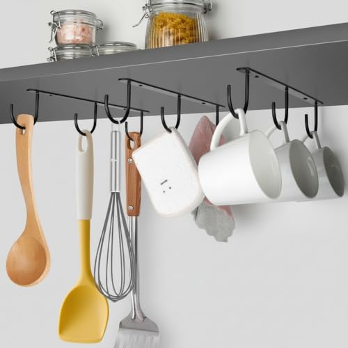 Image of Under Cabinet Mug Hooks - 3PCS Mug Holder Rack with 9 Hooks | Heavy Duty Screw Mount Coffee Cup Organizer | Space Saving Kitchen Storage for Mugs, Cups & Utensils (Black)