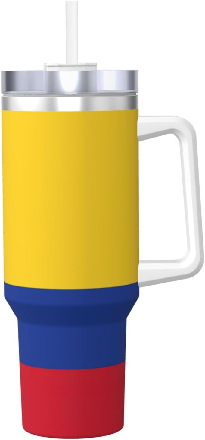 40 OZ Flag of Colombia Print Ice Bully Cup with Handle Straw Lid Straw,Stainless Steel Tumbler Coffee Cup