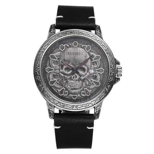 JewelryWe Montre Homme Bracelet Cuir: Montre Homme Gros Cadran Crâne Tête de Mort Steampunk Vintage Biker avec Bracelet Cuir Véritable Ajustable Montre...