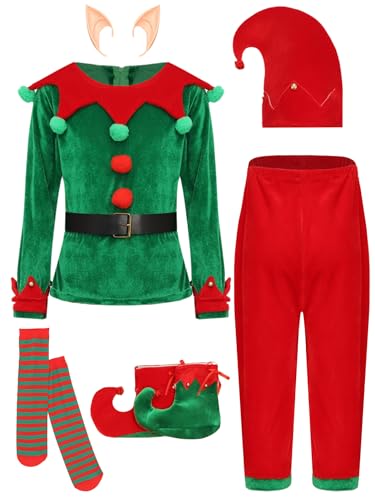 Lejafay Costume Elfo Aiutante Di Babbo Natale Per Bambini Completo Di Cappello Scarpe E Orecchie Da Elfo Costume Cosplay Per Performance Anni Verde 11-12 anni