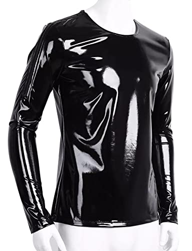 Image of AIEOE Men's Leather Metallic Shirts Shiny Slim Fit Stretch Top Wetlook Club Party Undershirts