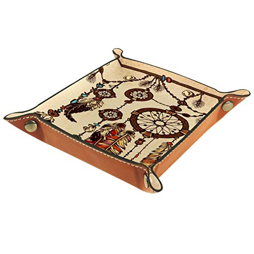 Preisvergleich Produktbild XiangHeFu Ethnisches Element der Kunstfedern Valet Tray Ledertablett Leder Catchall Schlüssel Handy Münzkasten für Schlüsselgeld Nachttisch Storage Container Box Organizer